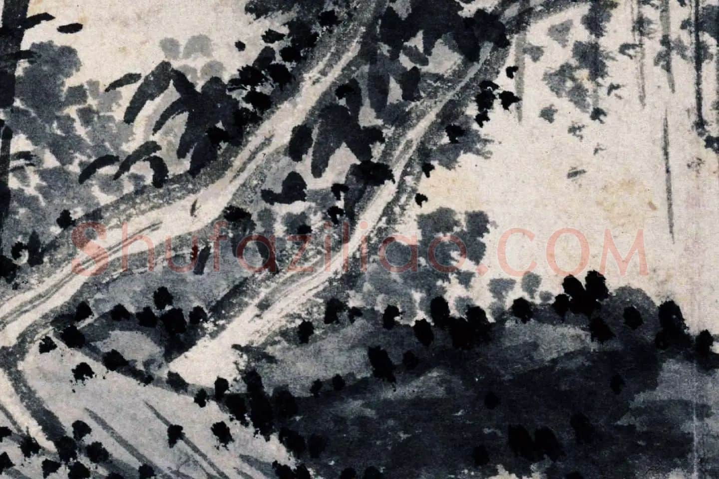 沈周水墨画《秋景山水》高清大图局部 (3)
