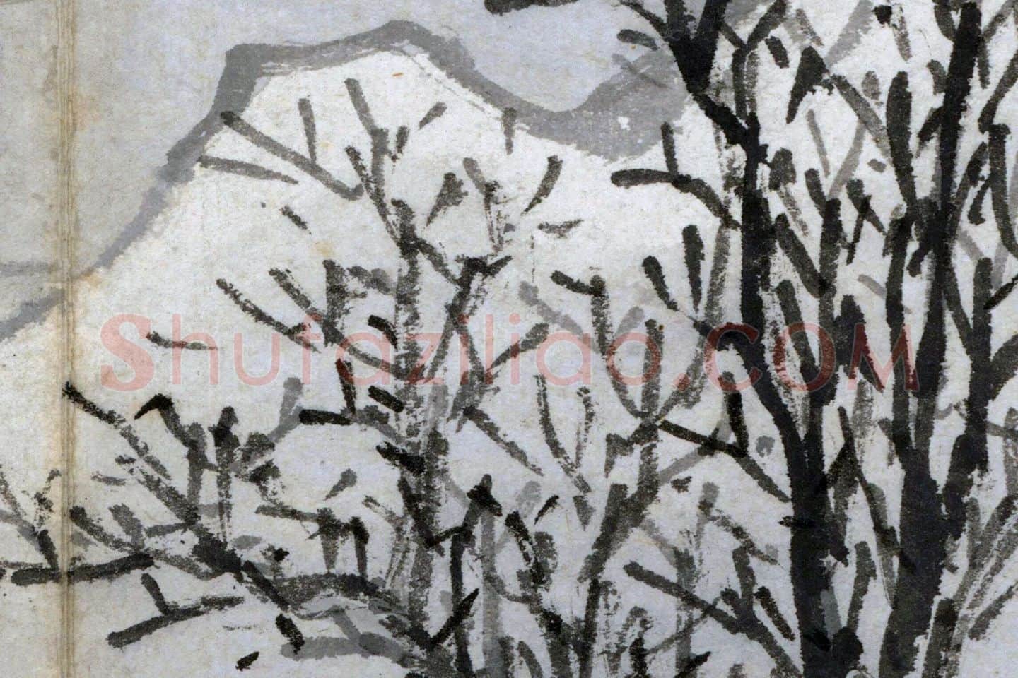 沈周雪景山水画《雪江渔夫图》高清大图局部 (3)