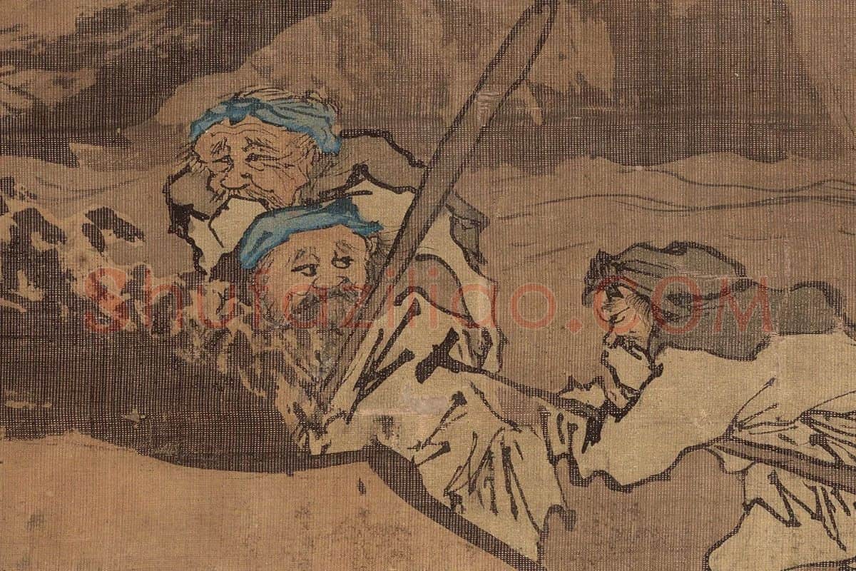朱邦山水画人物画《寒江渔村图》高清大图局部细节 (2)