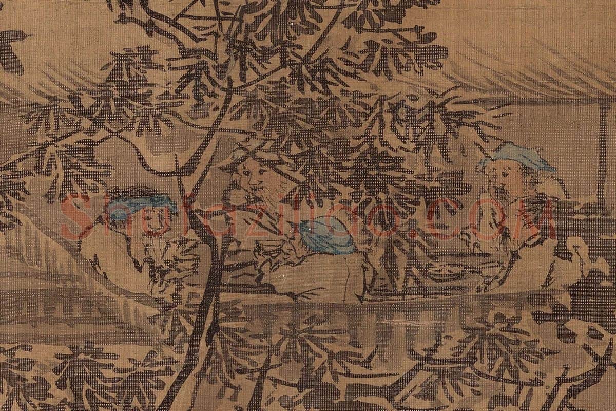 朱邦山水画人物画《寒江渔村图》高清大图局部细节 (3)