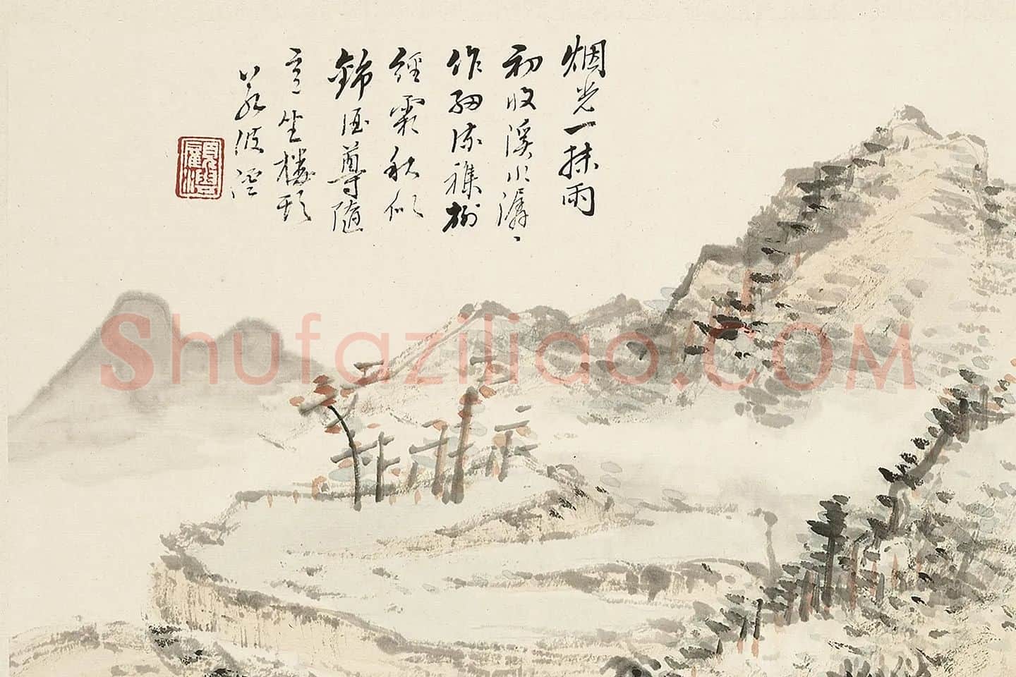 顾沄山水画《雨后秋林图》局部 (1)