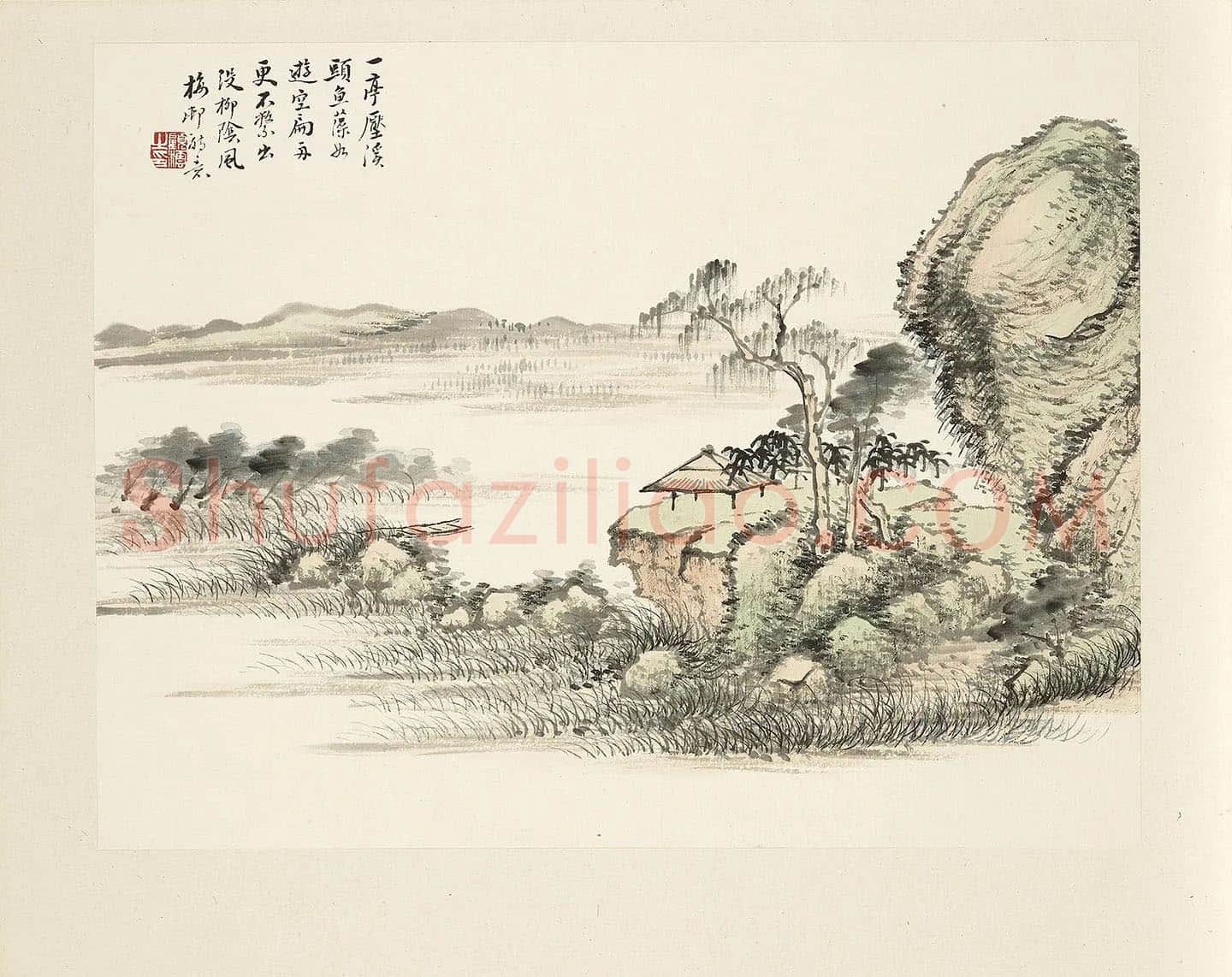顾沄山水画《柳亭扁舟图页》
