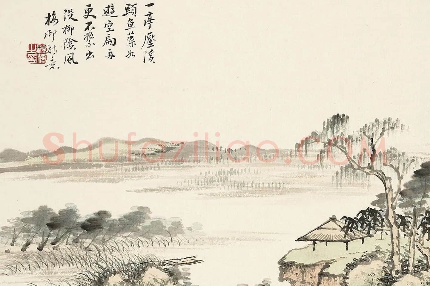 顾沄山水画《柳亭扁舟图》局部 (1)