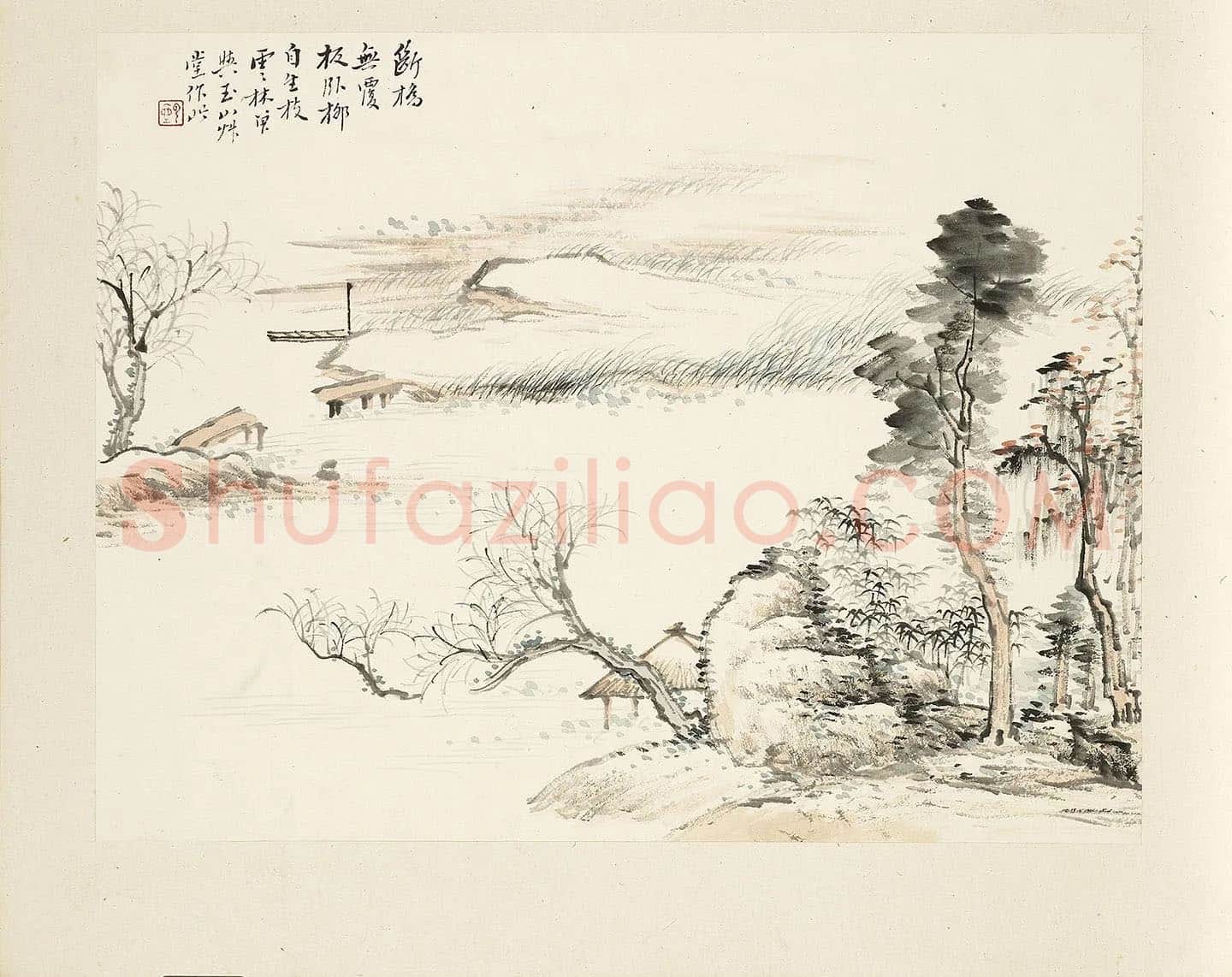 顾沄山水画《断桥卧柳图》页