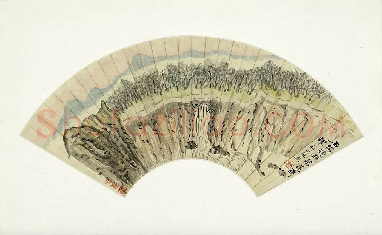 翁同龢山水画《石楼晚照》扇面画页