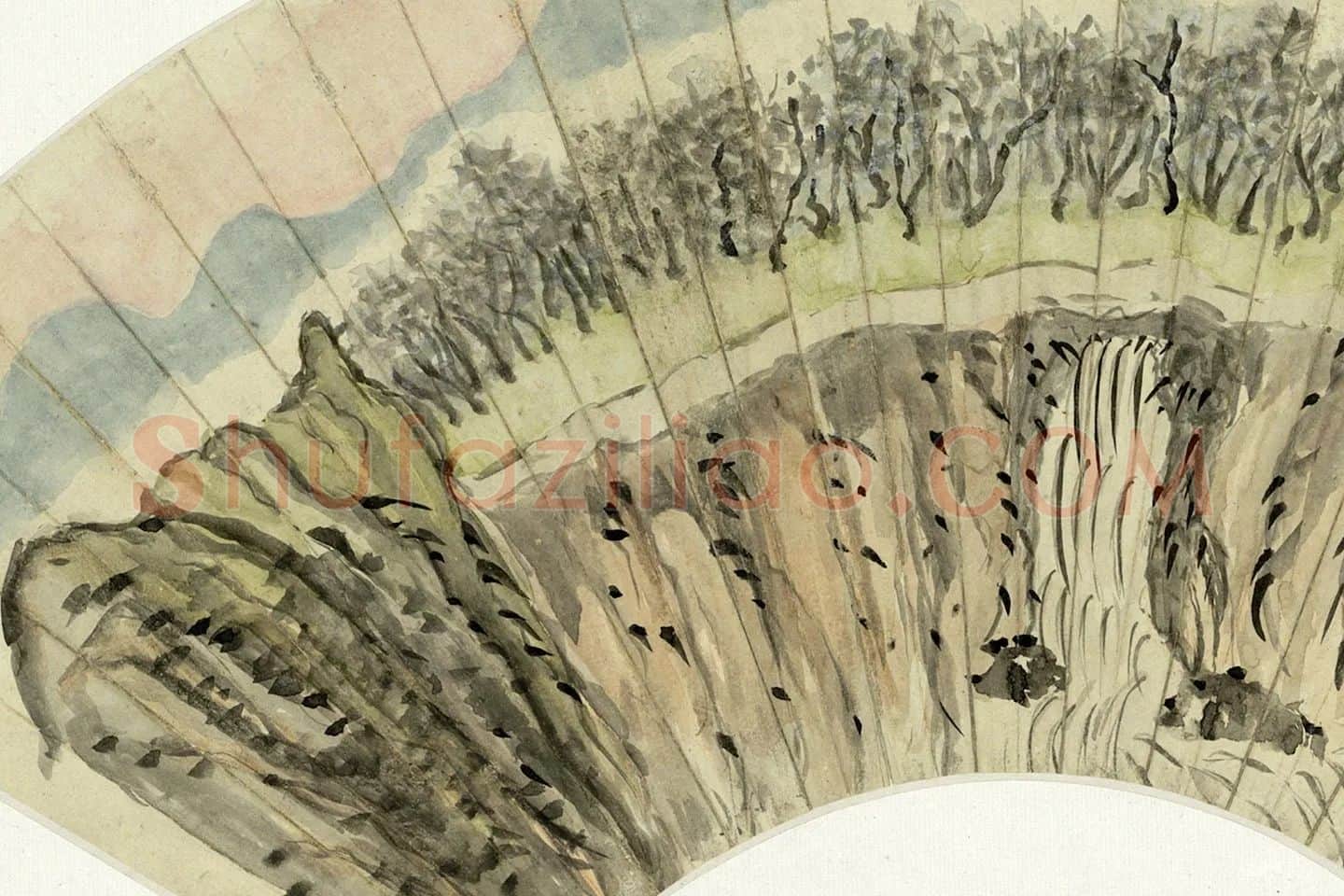 翁同龢山水画《石楼晚照》扇面画局部-01