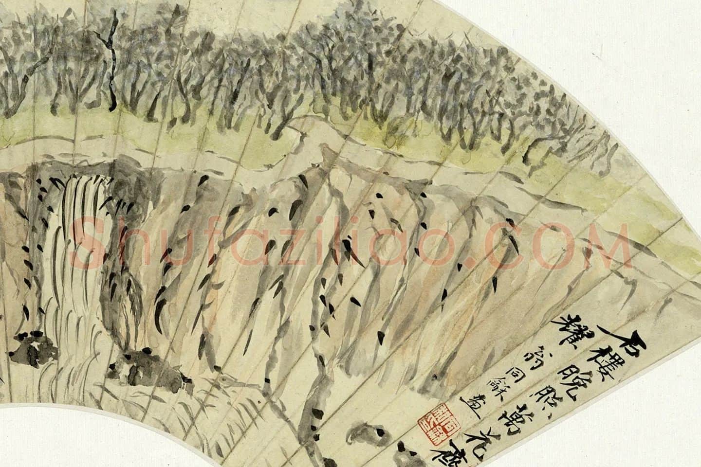 翁同龢山水画《石楼晚照》扇面画局部-02