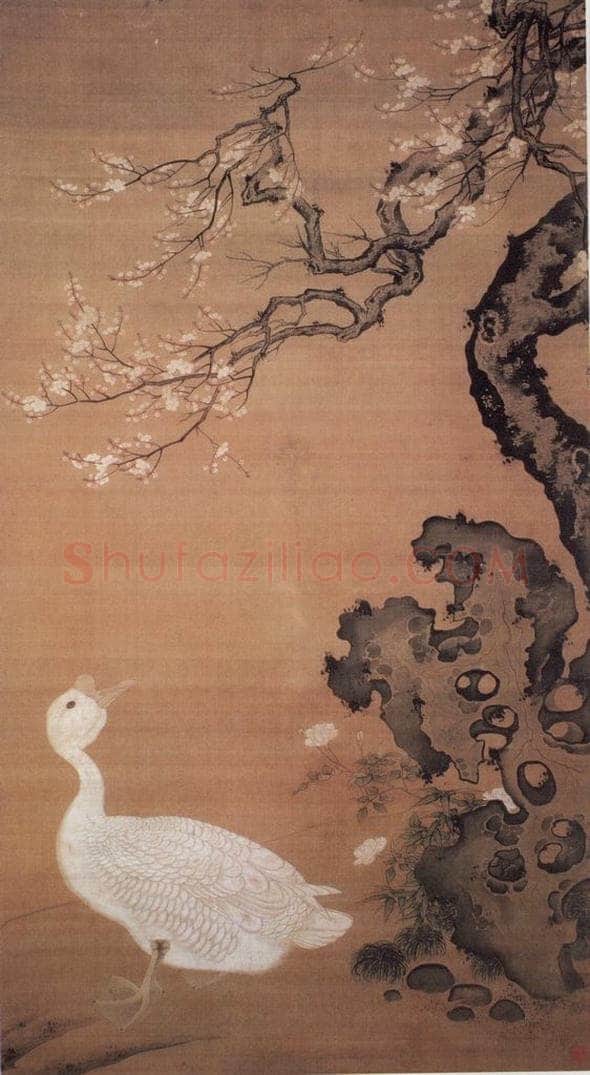 明 吕纪 梅石狮头鹅图 书画作品