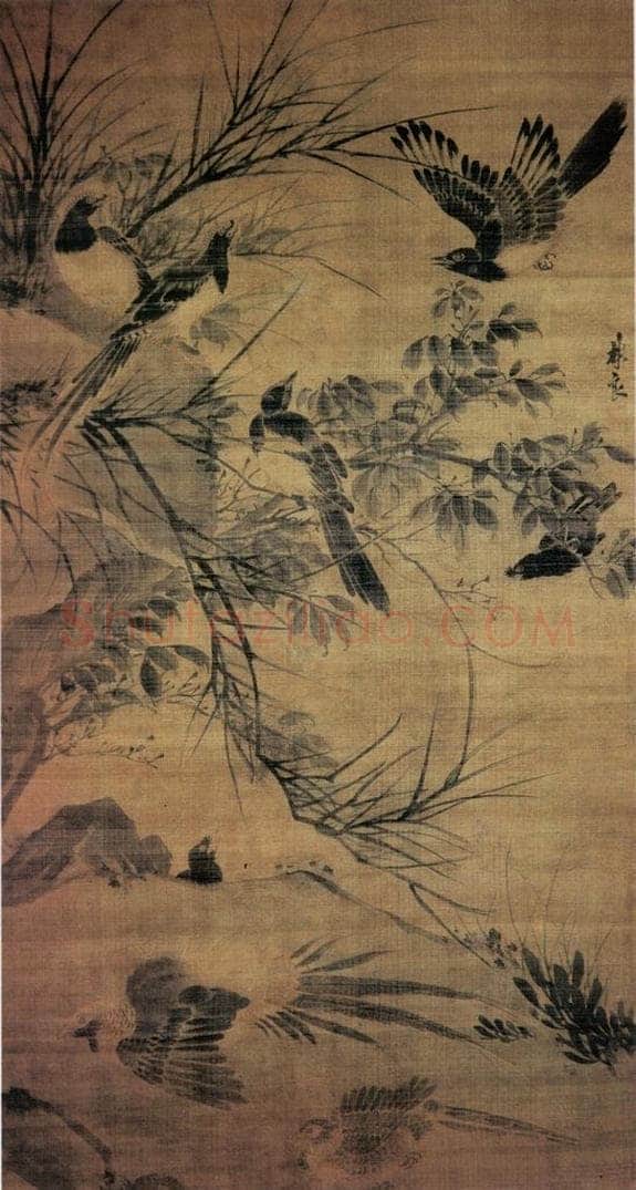 明 林良 秋坡集禽图 书画作品