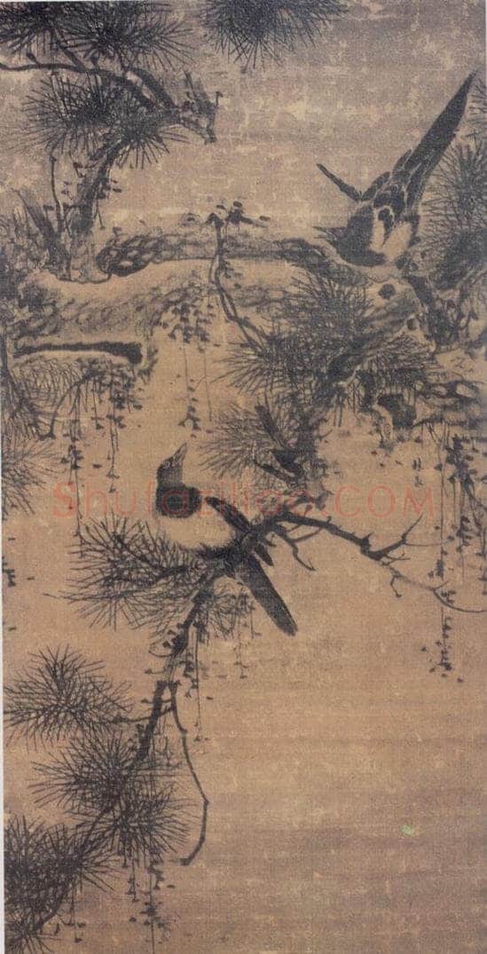明 林良 喜鹊古松图 书画作品