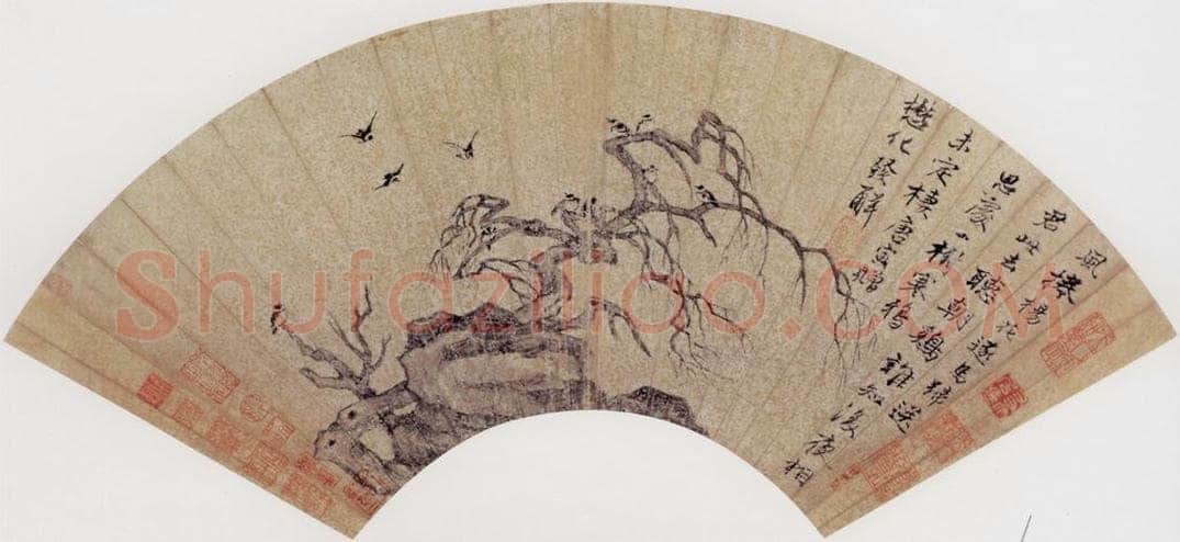明 唐寅 《枯木寒鸦图》 书画作品