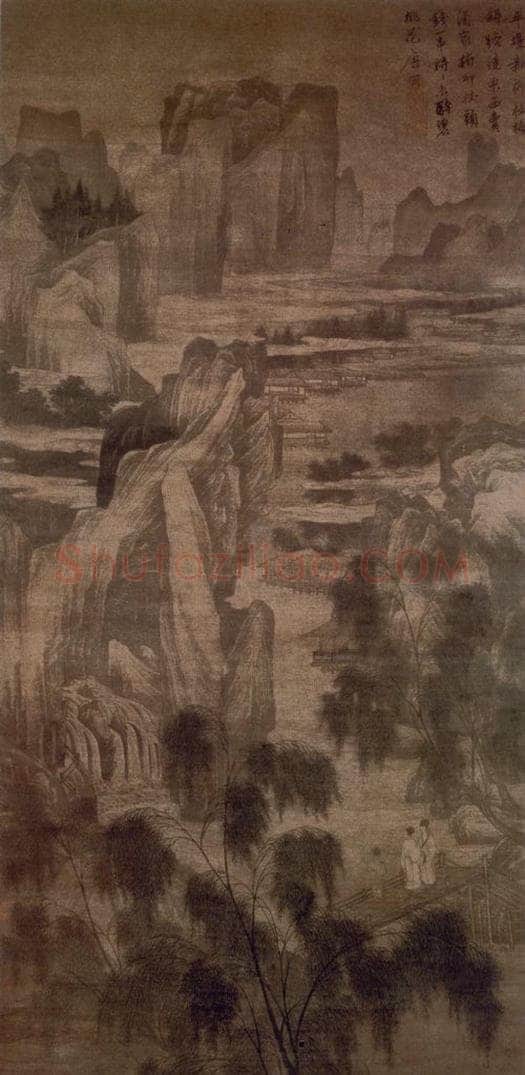 明 唐寅 《柳桥赏春图》 书画作品
