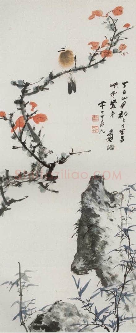 张大千 《红叶小鸟图轴》 书画作品