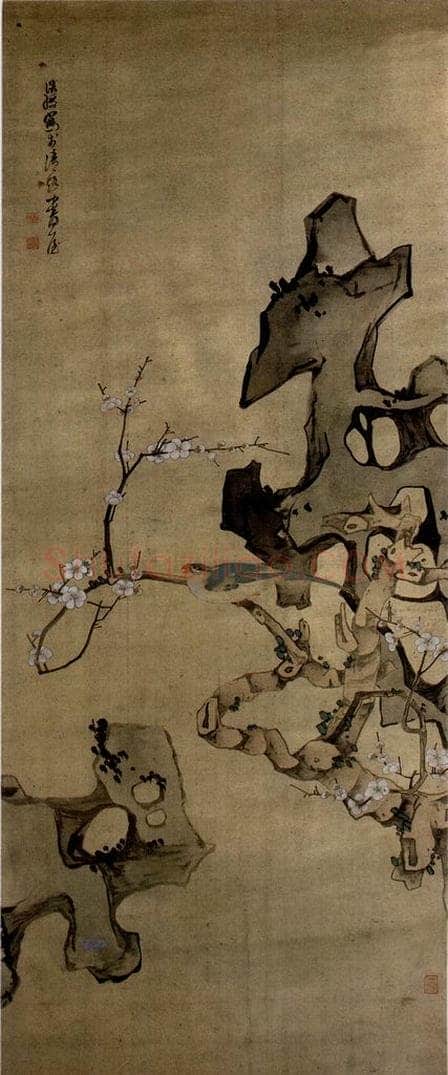 1638年 陈洪绶 《梅石山禽图轴》 书画作品