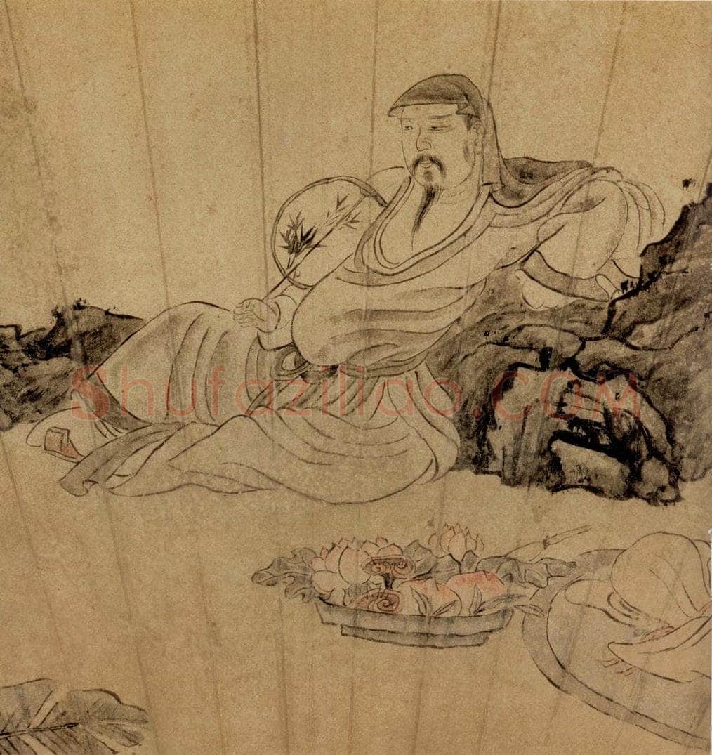1647 陈洪绶 《倚石听阮图扇》 书画作品