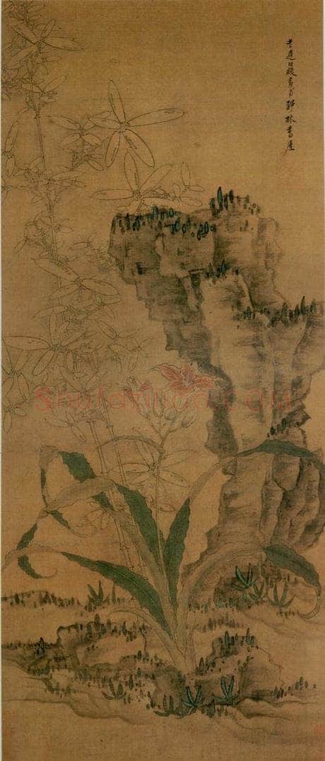 1649 陈洪绶 《竹石萱草图轴》 书画作品