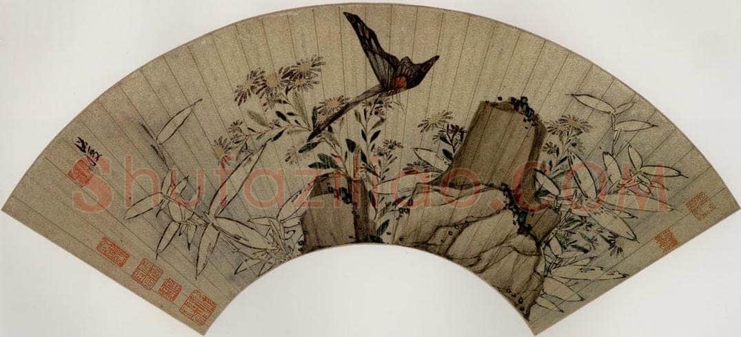 1649 陈洪绶 《蝶菊竹石图扇》 书画作品