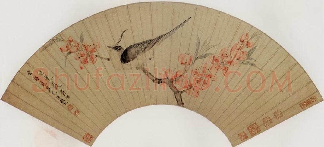 1649 陈洪绶 《绯桃孤鸟图扇》 书画作品