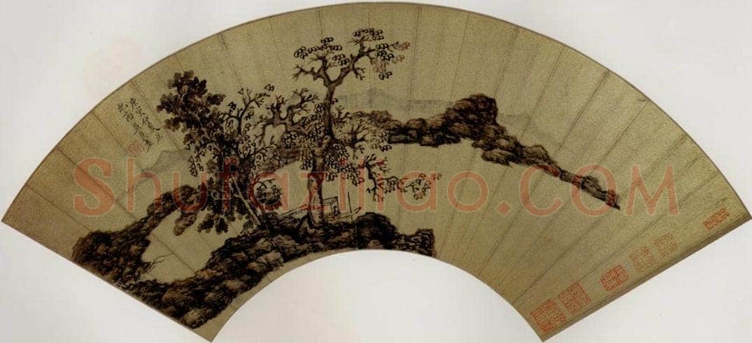 1650 陈洪绶 《秋林晚泊图扇》 书画作品