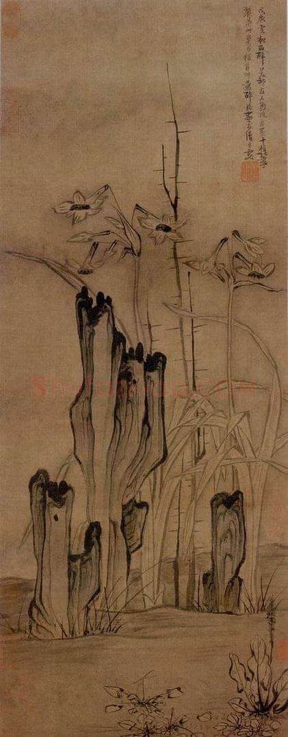 1628年 陈洪绶 《水仙湖石图轴》 书画作品