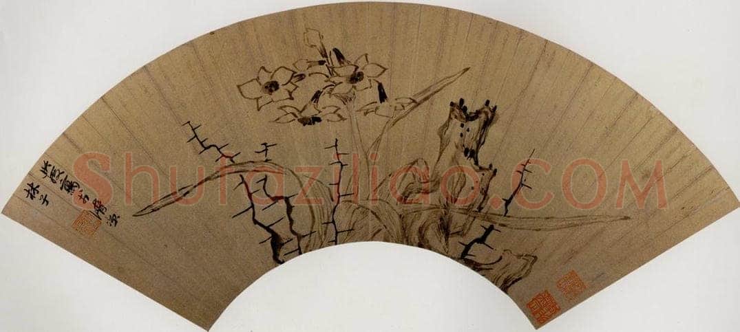 1630年 陈洪绶 《水仙湖石图扇》 书画作品