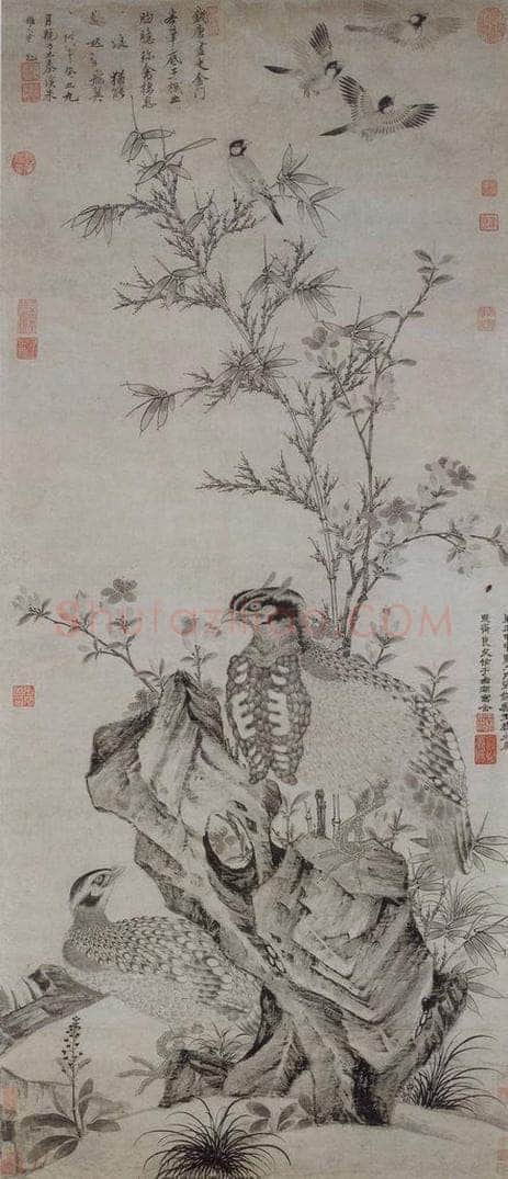 元 王源 《竹石集禽图轴》 书画作品