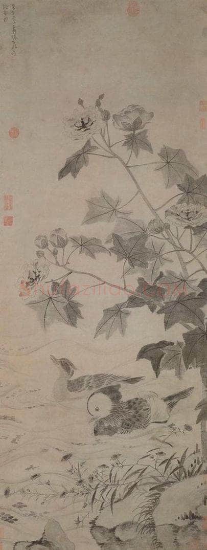 元 张中 《芙蓉鸳鸯图轴》 书画作品