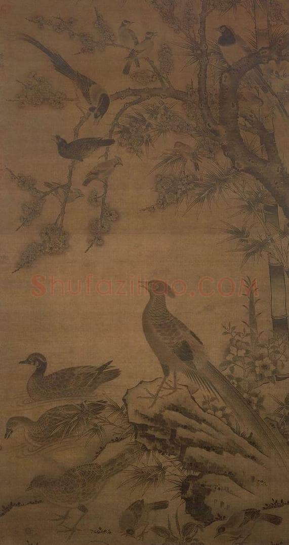 明 边景昭 《杏竹椿禽图轴》 书画作品