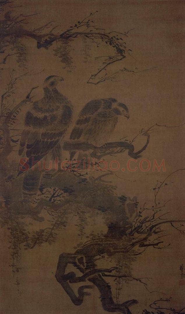 明 林良 《双鹰图轴》 书画作品