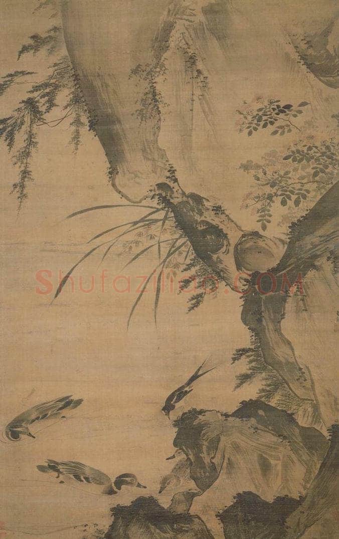 明 吕纪 《浴凫图轴》 书画作品