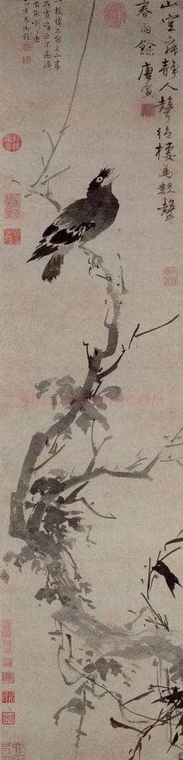明 唐寅 《古槎鸜鹆图轴》 书画作品