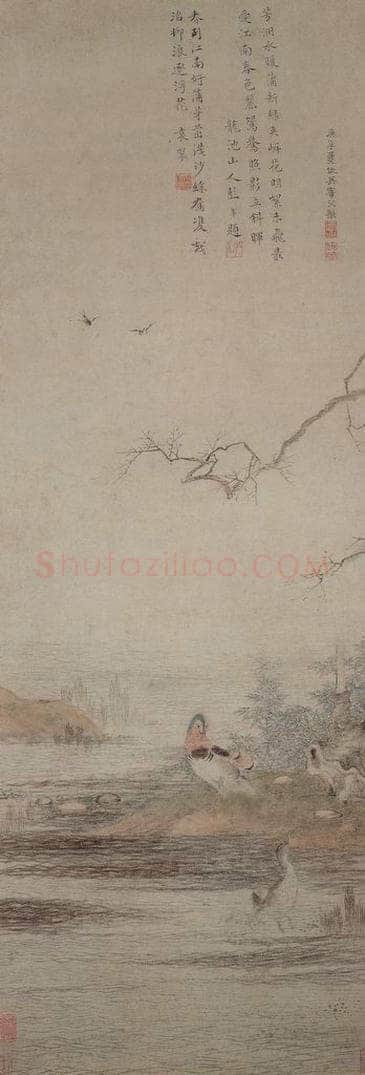 明 仇英 《沙汀鸳鸯图轴》 书画作品