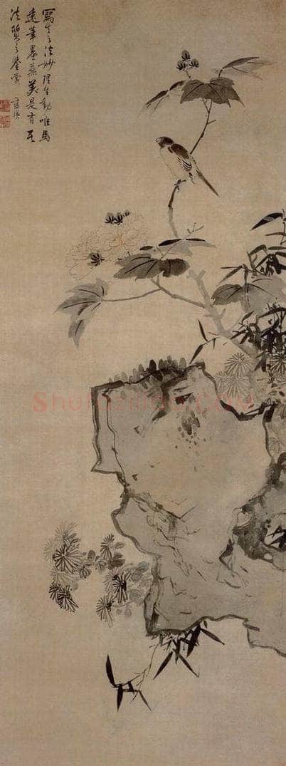 明 蓝瑛 《拒霜秋鸟图轴》 书画作品