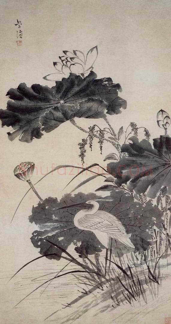 明 魏学濂 《荷花鹭鶿图轴》 书画作品