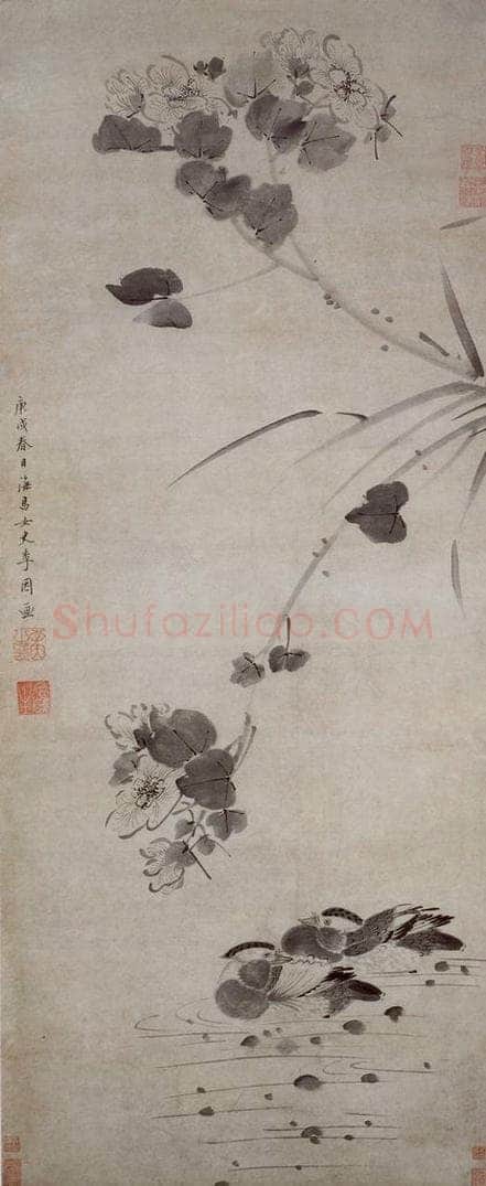 清 李因 《芙蓉鸳鸯图轴》 书画作品
