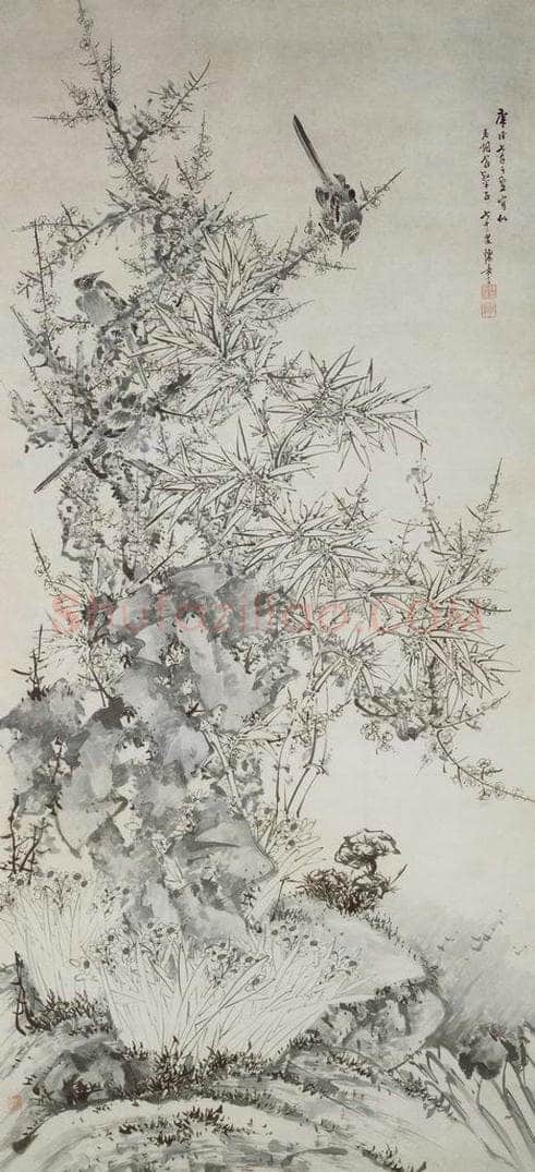 清 陈嘉言 《竹石梅鹤图轴》 书画作品