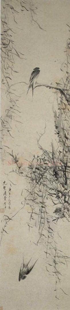 清 刘彦冲 《桃柳双燕图轴》 书画作品