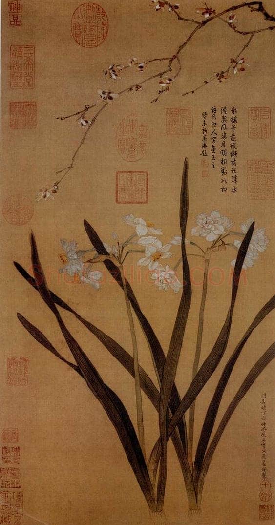 仇英 《水仙腊梅图》 书画作品
