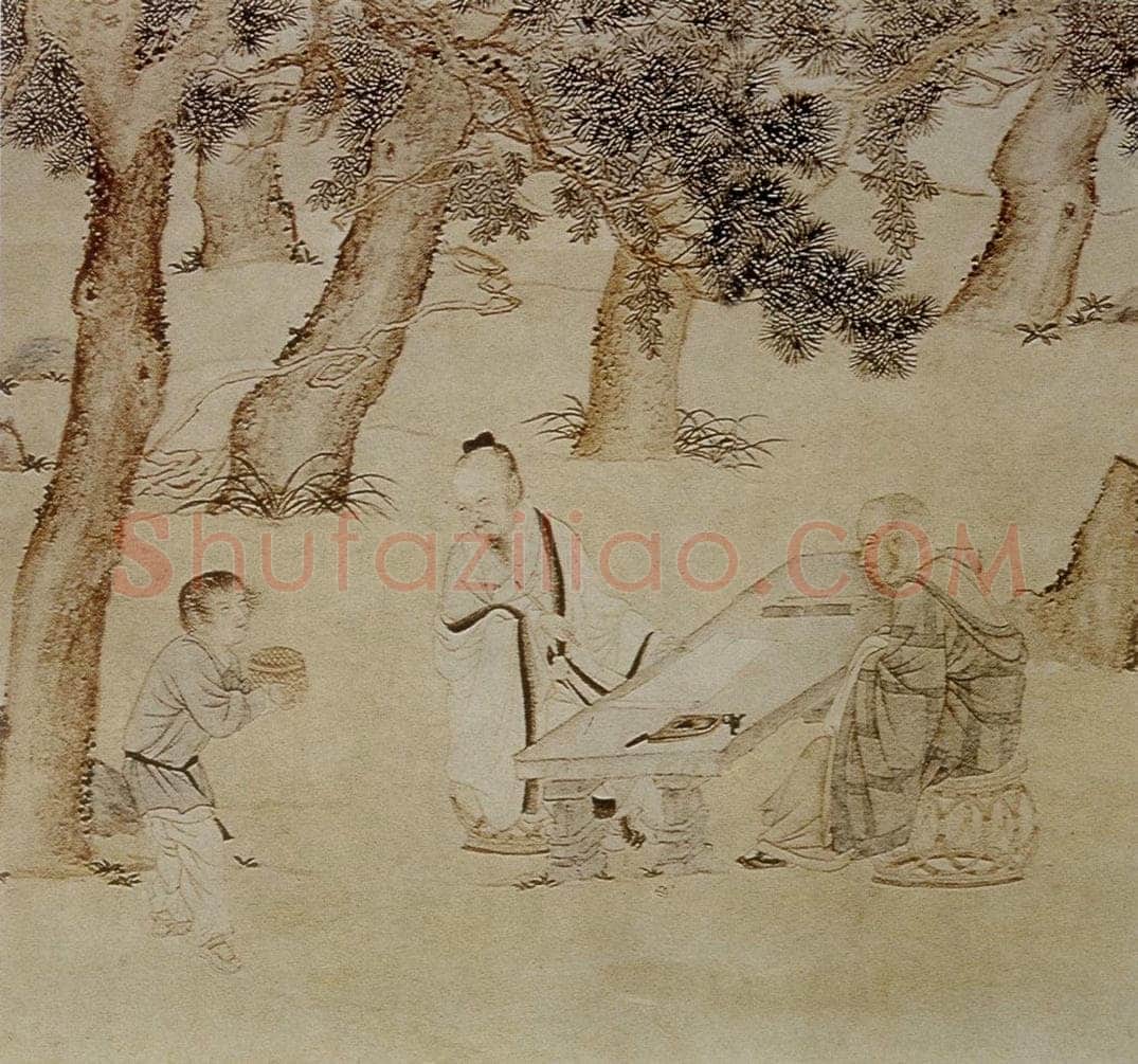 仇英 《赵孟頫写经换茶图》 书画作品