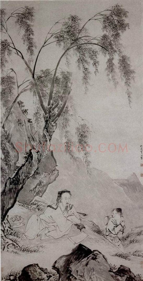  仇英 《柳下眠琴图》 书画作品