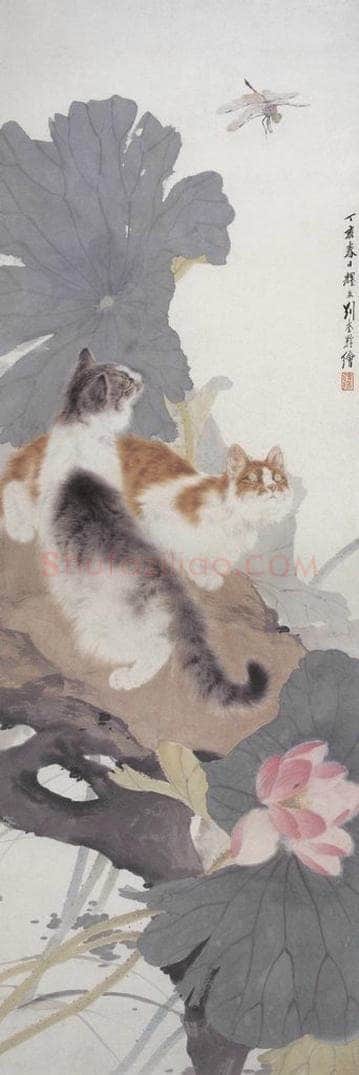 1947年 刘奎龄 《荷塘双猫图》 书画作品