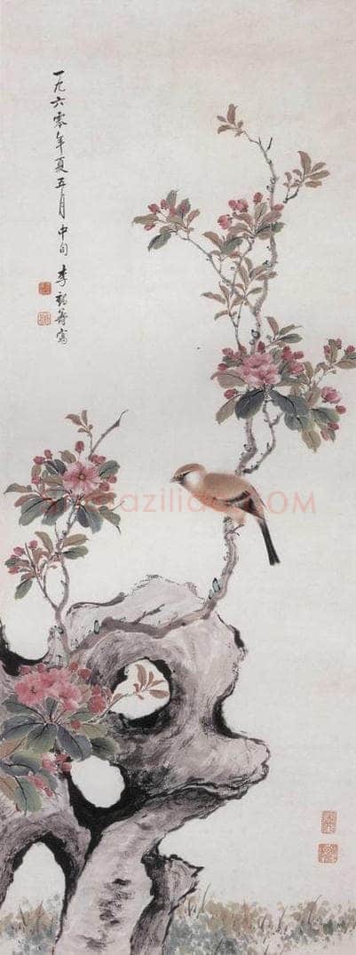 1960年 李鹤筹 《海棠小鸟》 书画作品