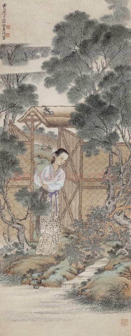  徐燕荪 《柴门仕女》 书画作品