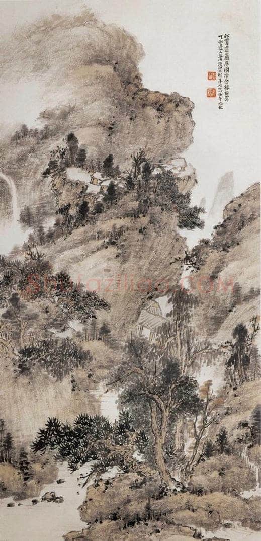 1942年 肖俊贤 《仿江贯道岩居图》 书画作品