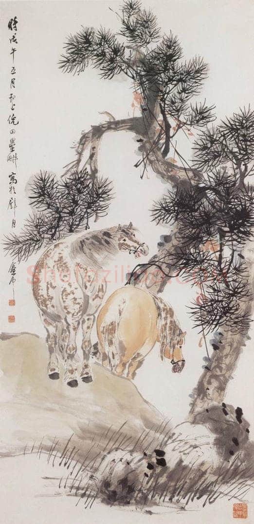 1918年 倪田 双松嘶马图 书画作品