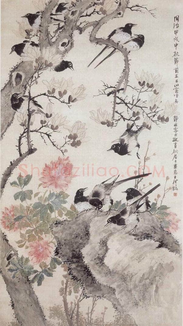 1874年 王礼 花卉鹊雀图 书画作品