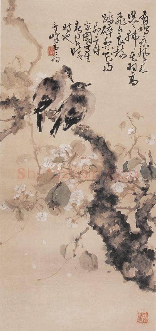 1927 高奇峰 《梨花双鸠图》 书画作品