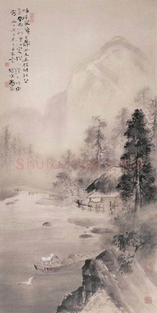 1919 高剑父 《草堂渔艇图》 书画作品