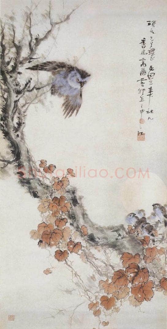 1914 高剑父 《猫鹰小雀图》 书画作品