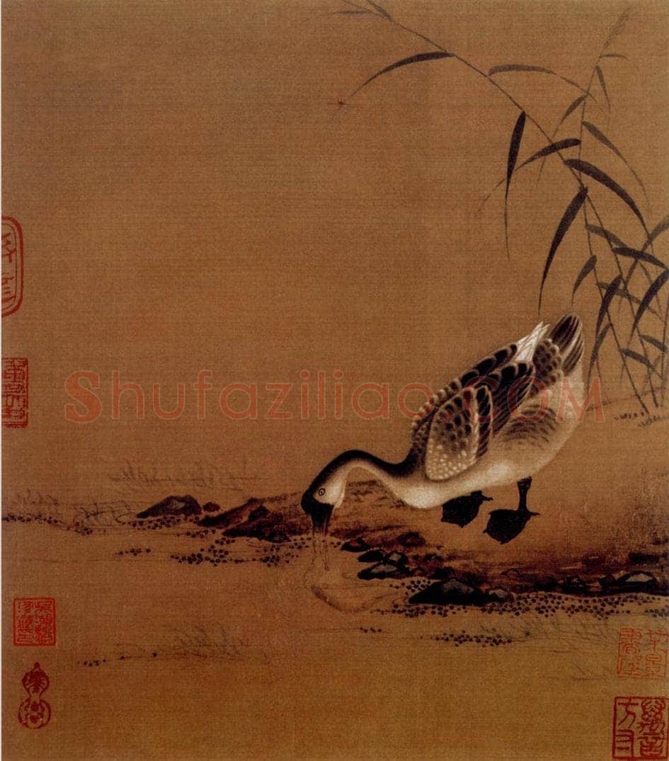 宋 伕名 芦塘鹅饮图 书画作品
